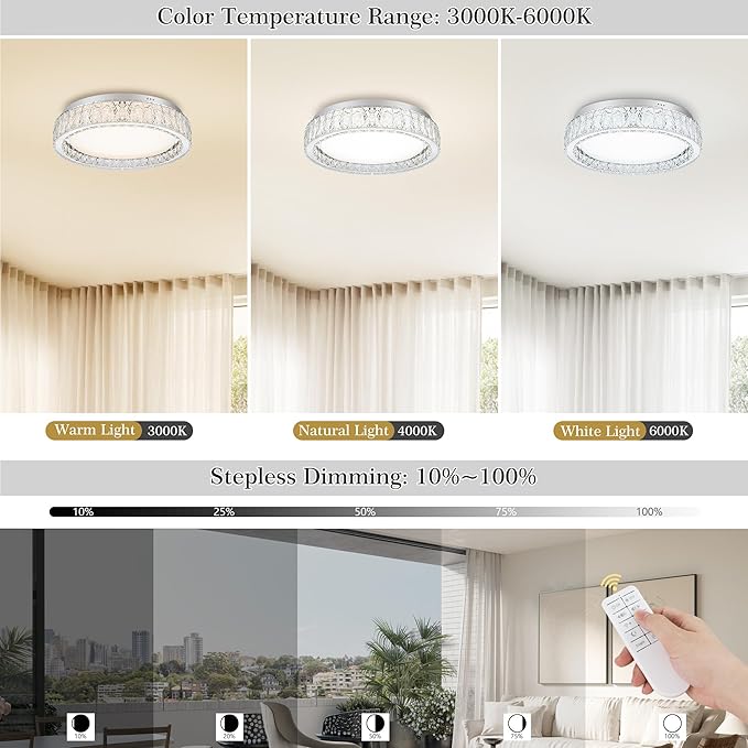 Krychiler 21.6" Large Crystal Flush Mount Ceiling Lights, Dimmable LED Modern Close to Ceiling Lighting Fixture, Chrome Hallway Round Chandelier for Bedroom Kitchen Bathroom Foyer Living Dining Room