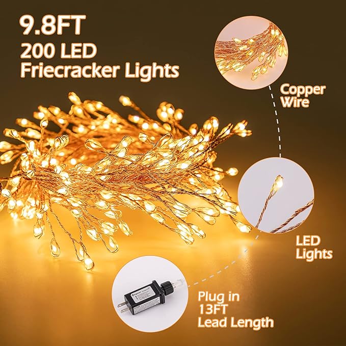 Minetom Fairy Lights Plug in, 10Feet 200LED Cluster String Lights, Copper Wire Waterproof Starry Firecracker Lights for Ceiling Bedroom Wreath Window Wedding Christmas Tree Decorations, Warm White