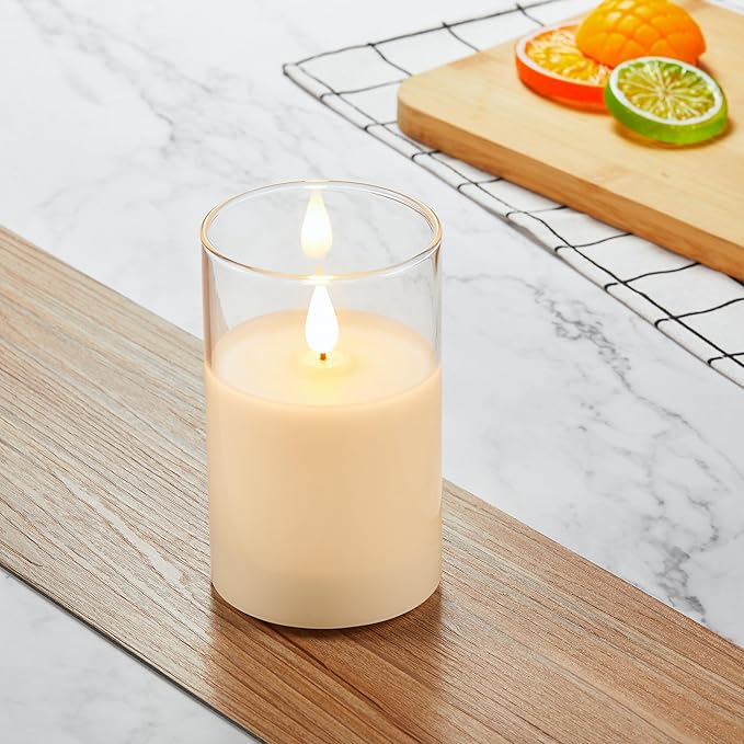 Flickering Flameless LED Candles, Battery Operated with 3D Wick, Last 1000+ Hours, Remote & Timer, Rechargeable Real Wax White Glass, Home Decor /3" x 4"