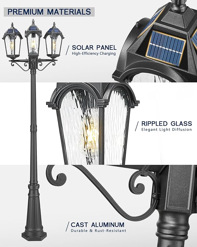 FEMILA 3-Light Solar Outdoor Pole Lights, 85.4" Aluminum Glass Lamp Posts Outdoor Lighting, Dusk to Dawn Solar Street Light with Remote Control for Yard Garden Driveway, 4FYX95PL-3 SL BK