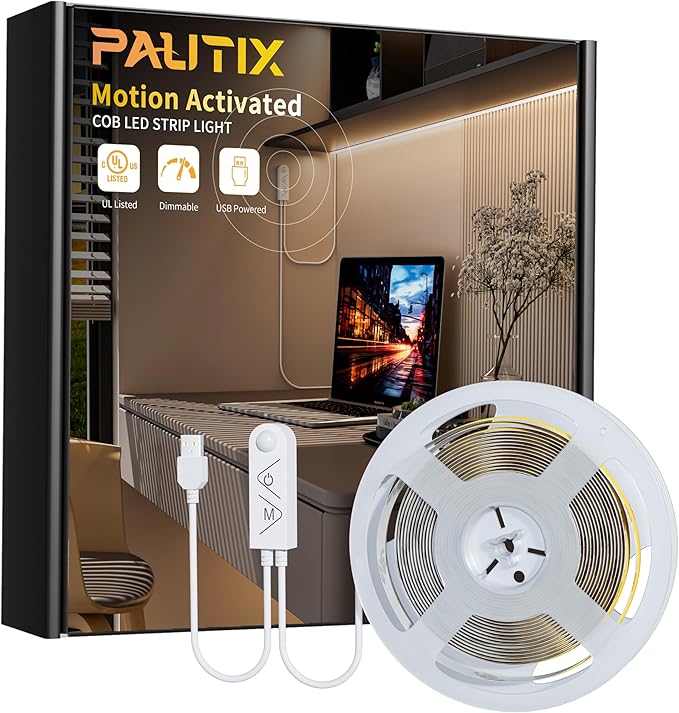 PAUTIX COB LED Strip Lights,Dotles LED Lights with Motion Sensor,5V USB LED Strip Light 4000K Natural White,Super Bright Dimmable Motion Activated LED Tape Light for Bedroom,Cabinets,Kitchen,Stairs