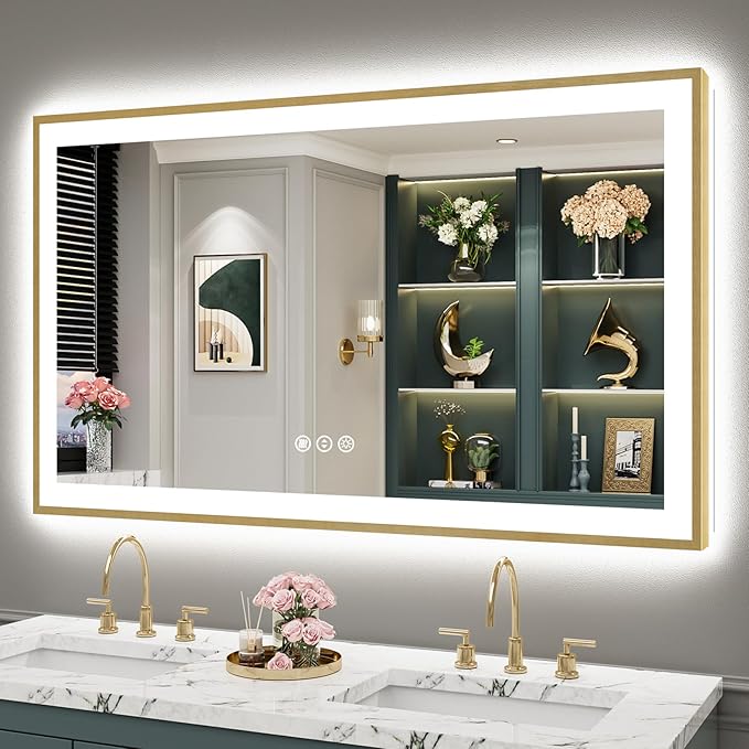 55x30 Gold LED Bathroom Mirror with Lights, Brushed Gold Framed Backlit and Front Lit Anti-Fog Lighted Vanity Mirrors for Bathroom Wall, Dimmable, 3 Colors, Memory, HD Tempered Glass, CRI＞90