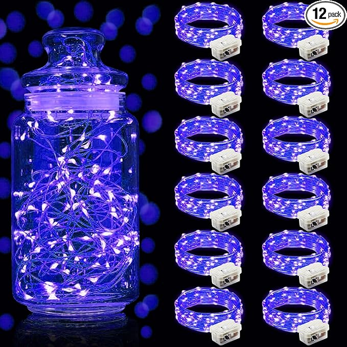 Aogist 12 Pack Fairy Lights 3 Modes 7ft 20 LED Waterproof,Battery Operated Silver Wire Firefly Starry Moon Mini String Lights for Mason Jars Christmas DIY Crafts Wedding Party Bedroom,Blue