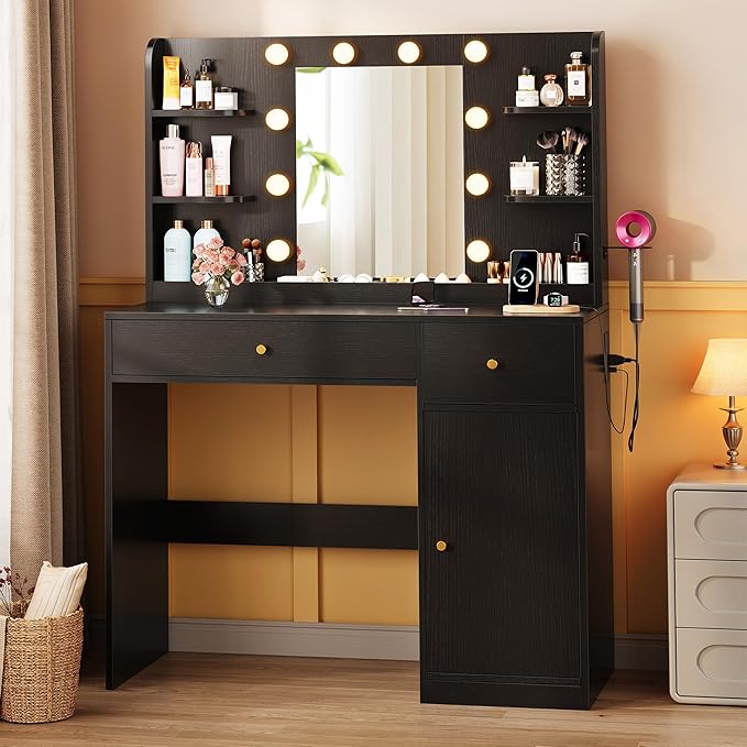 Vanity Desk with Mirror and Lights, 35" Makeup Vanity with 2 Drawers, Storage Cabinet, 8 Open Shelves, 3 Lighting Modes Adjustable Brightness, Power Outlet, Dressing Table for Bedroom, Black