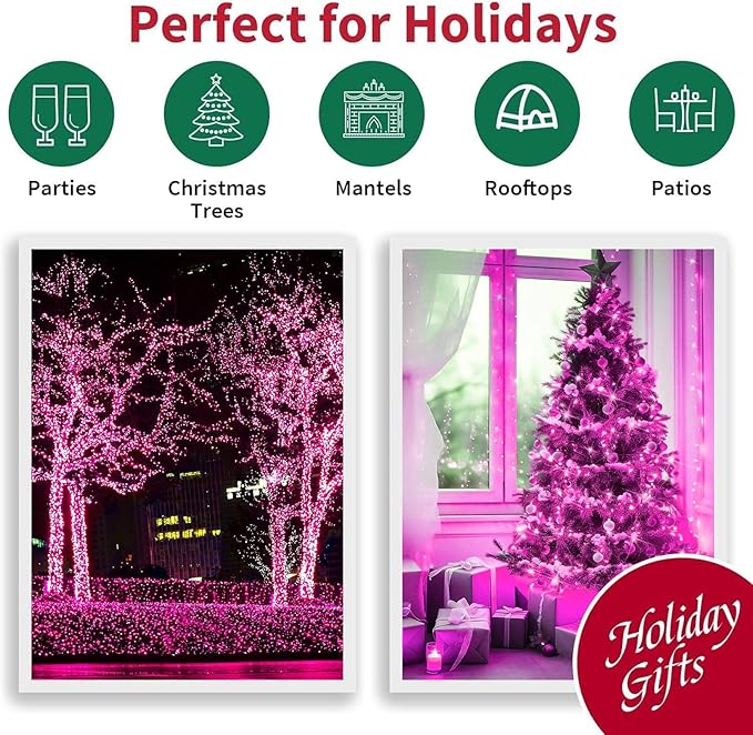 LAMPHOME 99ft Pink Valentine Lights String, 300 LED Valentines Day String Light Plug in, 16Lighting Modes Transparent Wire Fairy Starry for Indoor Outdoor Xmas Tree Wedding Party Decoration