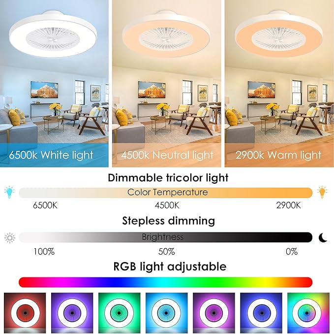 24" Smart Bladeless Ceiling Fan with RGB Ambient Light, Low Profile Flush Mount Fan with APP/Remote/Alexa Control, Dimmable LED Color Changing Light, 6-Speed Quiet Motor, White