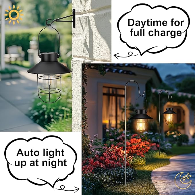 pearlstar 2 Pack Solar Lights Outdoor, Hanging Solar Lanterns with Edison Bulb and 2 x 32 Inch Shepherd Hooks, Waterproof Landscape Lighting for Garden Patio Yard Pathway Driveway Lawn (Black)