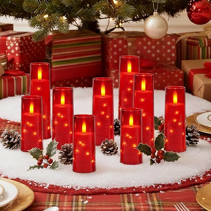Raycare Flameless Candle with Remote Timer – 9 Flickering Acrylic Battery Operated LED Pillar Candles with Embedded Star String for Valentine's Day, Home Decor, and as a Gift (Red)