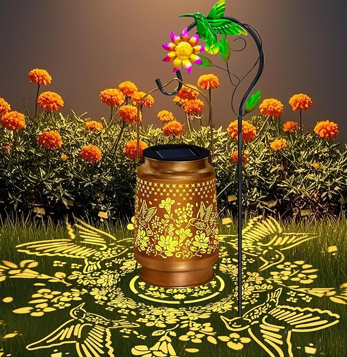 Hummingbird Solar Lanterns Outdoor Waterproof, Hanging Solar Lights Garden Lanterns with Shepherd Hook, Metal Garden Decor for Yard, Patio, Lawn, Landscape, Gifts for Women Mom Christmas