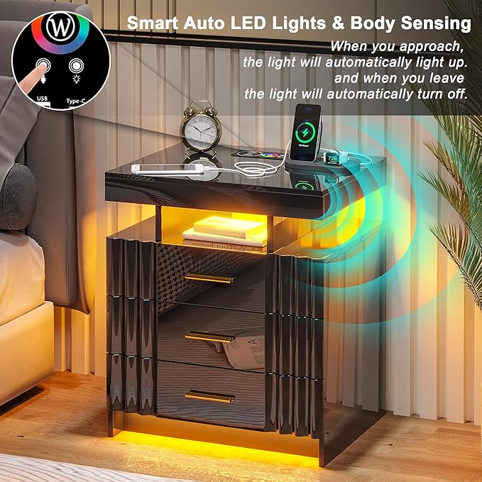 HNEBC LED Nightstand,Black Nightstand with Charging Station-USB+Type-C+Wireless Charging,Smart Bedside Table has Auto Sensor, High Gloss Night Stand with 3 Drawers for Bedroom