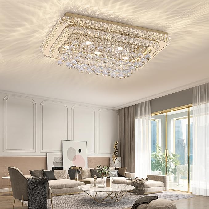 32 inch Crystal Flush Mount Chandelier, Modern Raindrop Crystal Gold Chandeliers with Remote and APP, 3 Colors Temp & Brightness Adjustable, Ceiling Light for Bedroom Hallway DiningRoom Living Room