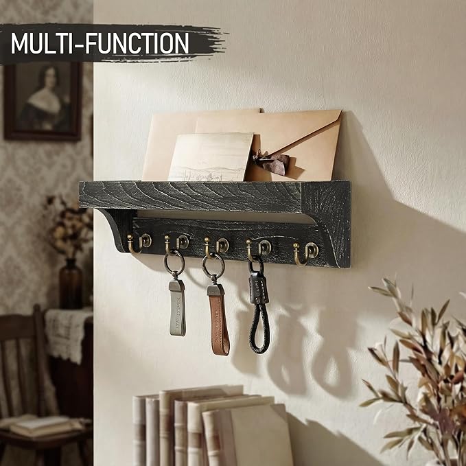 Rebee Vision Farmhouse Key Holder Wall Mount – Rustic Key Holder for Wall with Shelf for Plants & Small Home Decor – Stylish Entryway Organizer for Home & Apartment (Old Black)