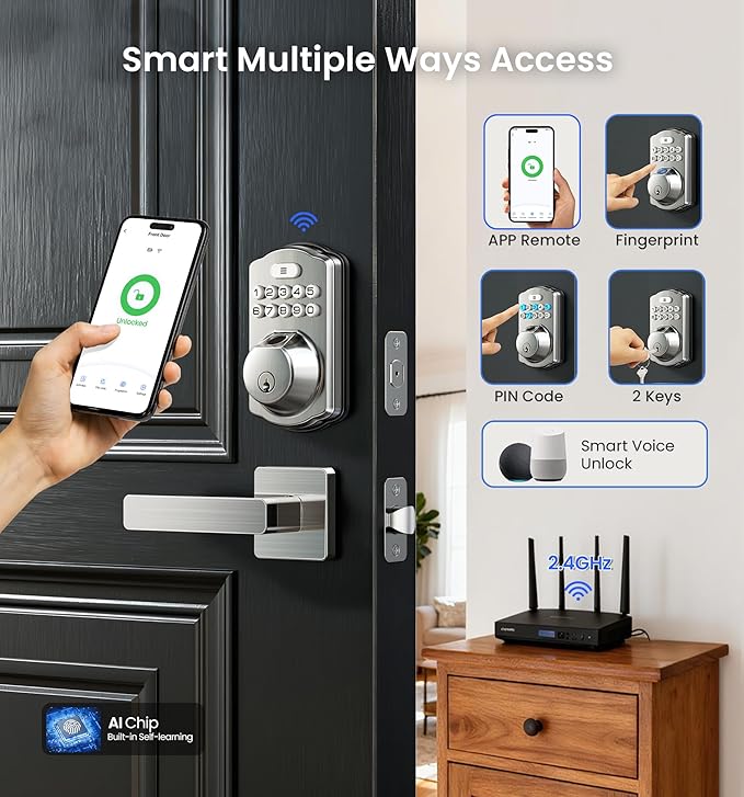 Veise VE012W-L Built-in Wi-Fi Fingerprint Smart Lock with Lever Handle Set, App Remote Control, Keyless Entry for Front Door, Deadbolt Digital Backlit Keypad, Voice Assistant, Auto Lock, Satin Nickel
