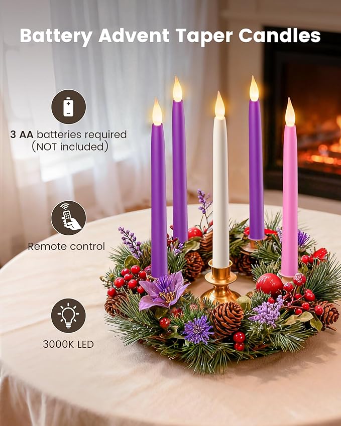 SURAIELEC Set of 5 Battery Operated Advent Candles, 10.5'' Christmas Taper Candle with Remote, Timer, Flameless LED for Advent Wreath, Christmas Decoration (Rechargeable Battery Not Compatible)