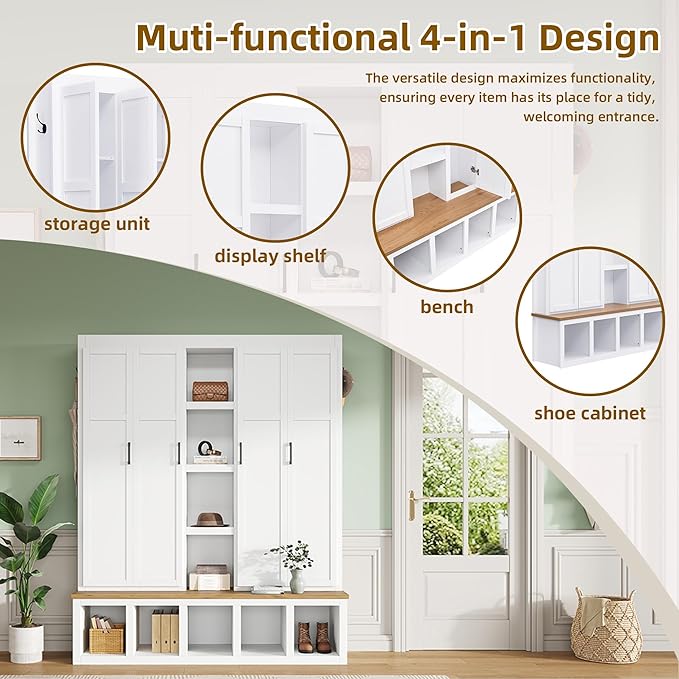 Merax Modern Farmhouse Hall Tree with Bench, 4-in-1 Entryway Storage Cabinet & Shoe Organizer with Hooks, White