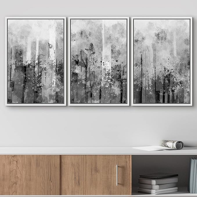 wall26 Framed Canvas Print Wall Art Set Black & White Paint Splatter Display Abstract Shapes Illustrations Modern Art Minimalist Dramatic Grey Dark for Living Room, Bedroom, Office - 24"x36"x3 White