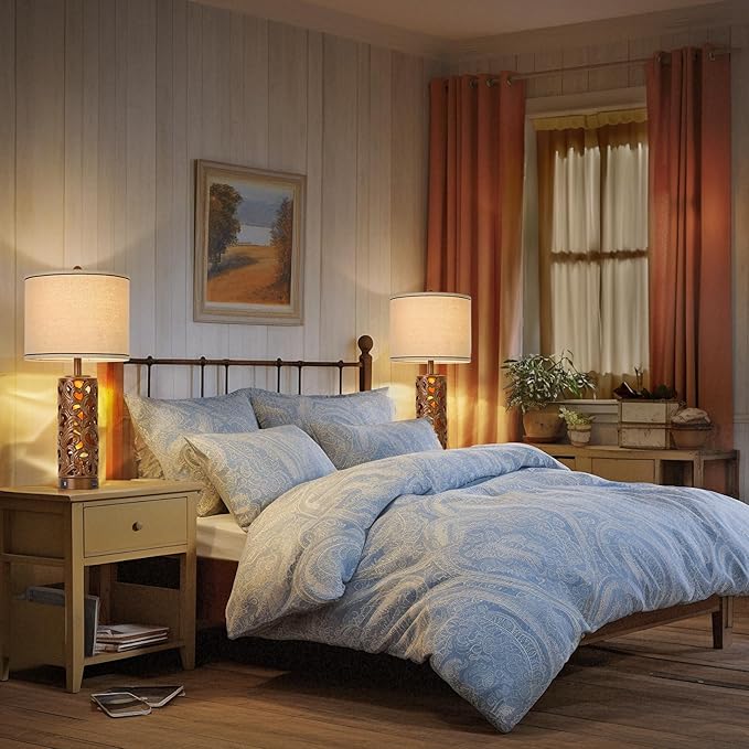 AIDENOEY Set of 2 Farmhouse Table Lamps with 2 USB Charging Ports, Vintage Carved Bedside Lamps with Smart Dimmable Bulbs, Rustic Nightstand Lamps for Bedroom Living Room Home Decor