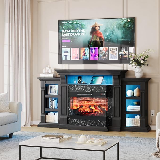 LGHM LED Electric Fireplace TV Stand with Outlet, 72'' Fireplace Mantel for TVs up to 80'', Modern Entertainment Center with 3-Sided Glass Fireplace Heater Insert for Living Room, Black