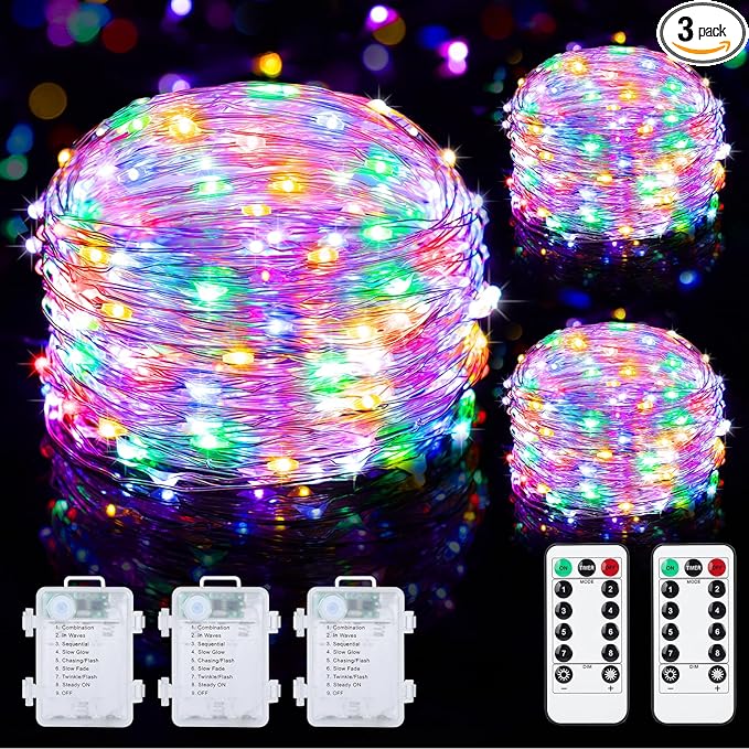 Mlambert 3 Pack 33FT Fairy Lights Battery Operated with Remote and Timer, Dimmable Waterproof 8 Modes Twinkle Lighting for Girl Room Decor-Multicolor