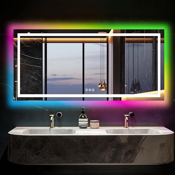 Antok 28"x 60" LED Bathroom Mirror with Lights, Anti-Fog, Dimmable, Lighted Vanity Mirror with Tempered Glass, Memory Function, 11 Light Modes, Safe Use, Horizontal, Vertical, Wall Mount