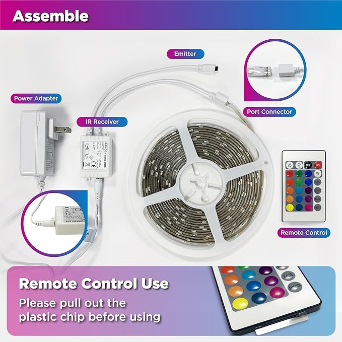 LED Strip Lights, 16.4FT / 5M RGB Light Strip with Remote & Power Supply, PU Coating ETL 12V DC Adapter Color Changing Strip Lights for Bedroom, Kitchen, Monitor, TV, Home Decor