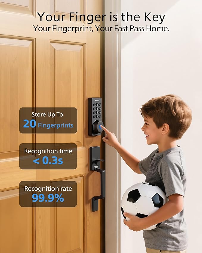 Philips Wi-Fi Smart Door Lock Deadbolt with Handle Set, Keyless Entry Door Lock for Front Door Set, Portable Fingerprint Door Lock with App Control, IP53 Waterproof, Auto Lock, Alexa Voice Control