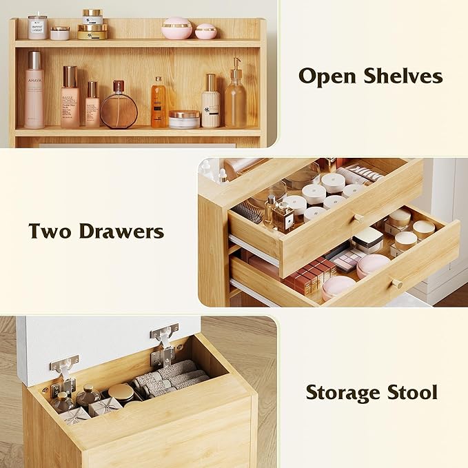 WLIVE Small Vanity Desk with Mirror and Lights, Dressing Table with 2 Drawers, Fold-up Panel and Chair, Makeup Vanity Set with Charging Station for Small Space, Bedroom, Natural Oak