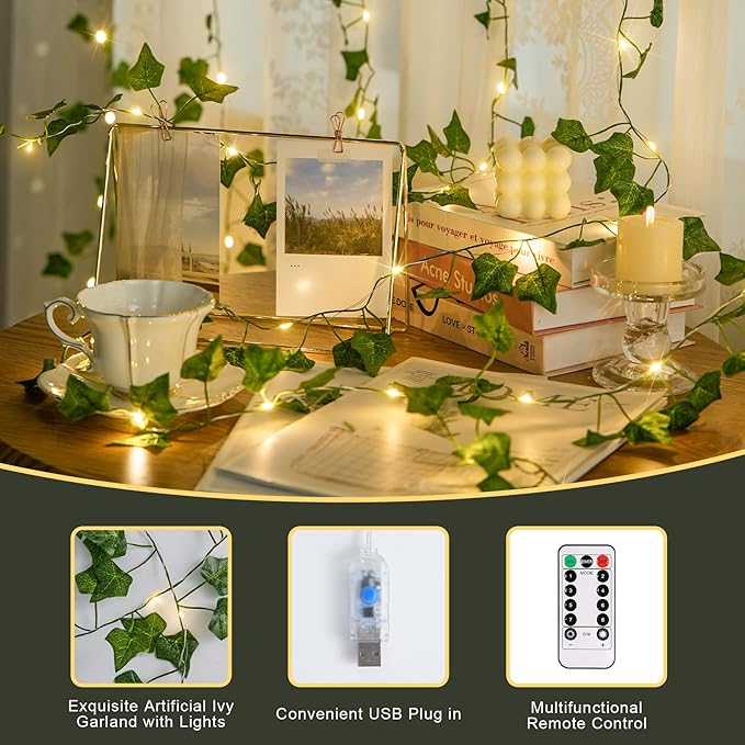 JMEXSUSS Vines Lights for Bedroom, 200 LED Vines Fairy Lights, Artificial Ivy Leaf Light for Wall Curtain Wedding Party Christmas Indoor Decor, 6.5ft x 6.5ft with Remote (Pack of 2)