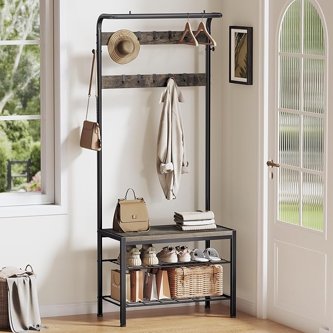 DUMOS Hall Tree with Shoe Bench and Coat Rack, Entryway Bench with Shoe Storage and Hooks, 4-in-1 Coat and Shoe Rack for Entryway, Mudroom Storage Organizer with Shelves, Industrial Grey