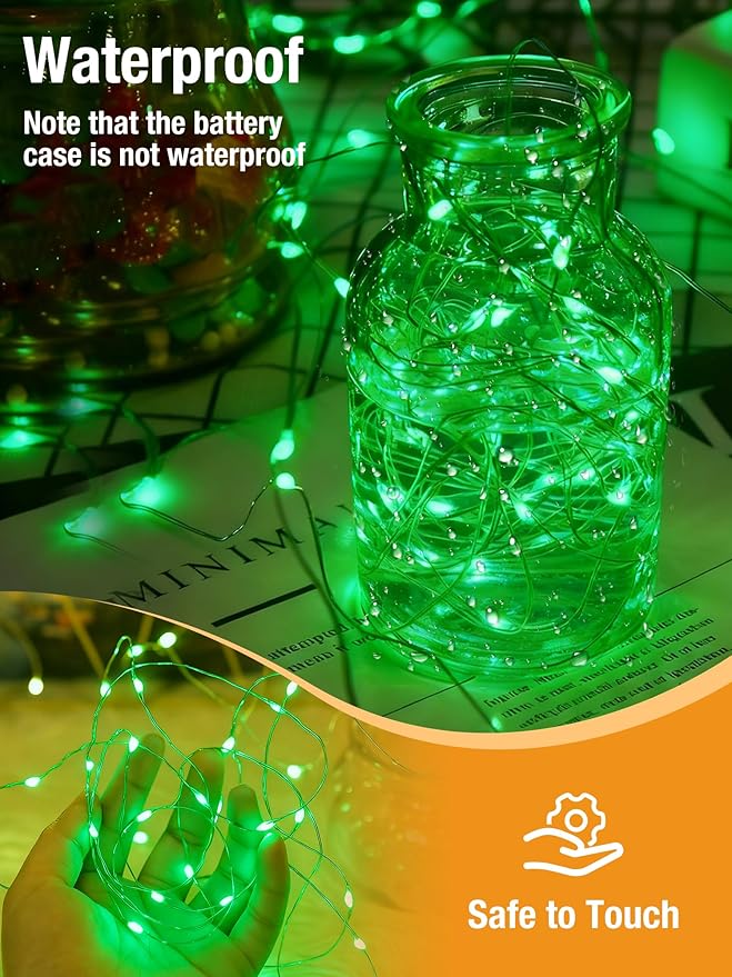 btfarm 4 Pack St Patrick’s Day Green Fairy Lights Battery Operated with Timer, 16FT 50 LED Silver Wire Twinkle String Lights 8 Modes Dimmable Waterproof for Christmas Bedroom Party Decorations, Green