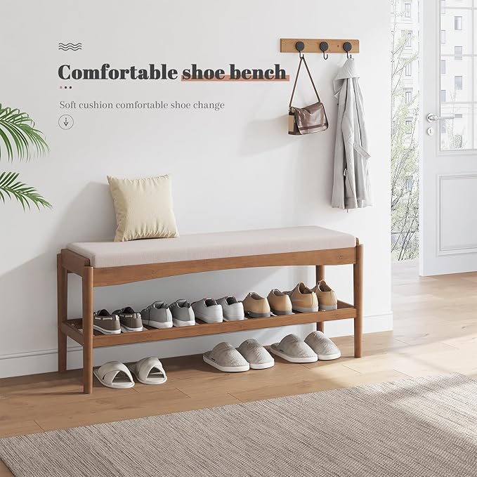 Shoe Bench Entryway Bamboo 2-Tier Shoe Rack with Cushion Padded Seat Shoe Bench Organizer Stable for Entry, Hallway, Living Room, Bedroom, Closet (39.4 * 11.4 * 16.5IN, Brown-Beige)