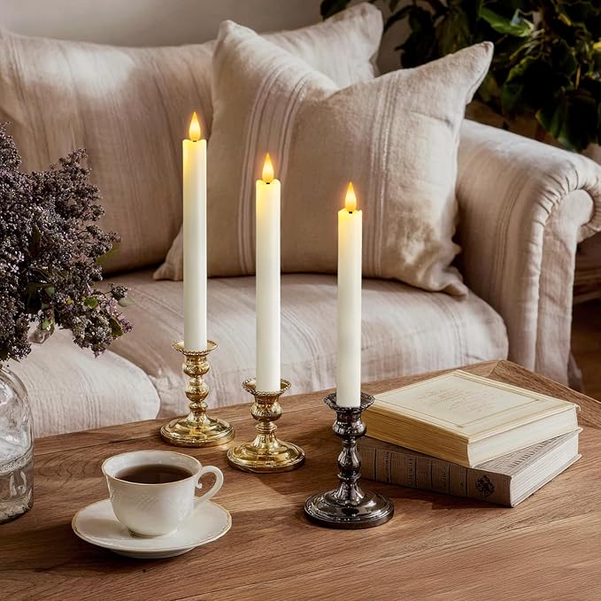 12 Pcs Flameless Taper Candles with Remote Timer, Battery Operated Window Candles, White Plastic LED Candlesticks, for Wedding Halloween Christmas Church Decor, 9.6 inches