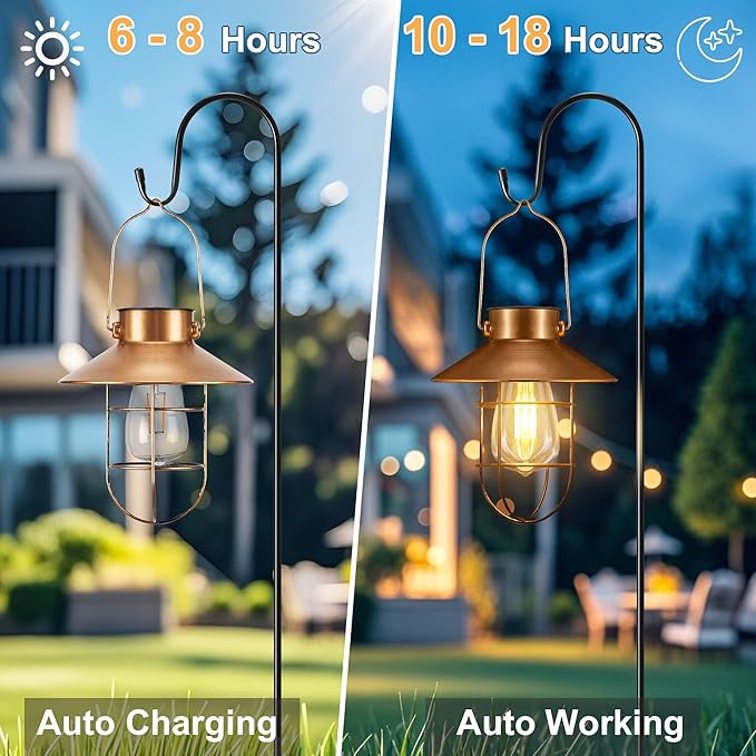 pearlstar 2 Pack Solar Lights Outdoor, Hanging Solar Lanterns with Edison Bulb and 2 x 32 Inch Shepherd Hooks, Waterproof Landscape Lighting for Garden Patio Yard Pathway Driveway Lawn (Copper)