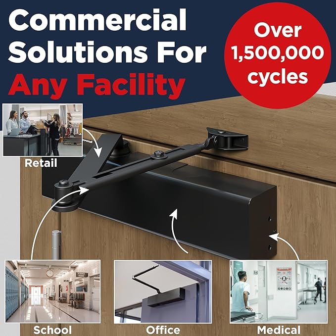 Heavy Duty Commercial Door Closer, ADA UL Grade 1 Listed Automatic Self Closing Door Hinges, Door Closers Commercial High Traffic, Auto Door Closer, Hydraulic Spring Soft Close (Black)