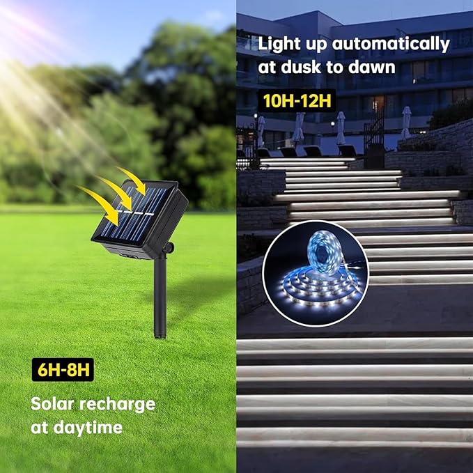 Solar LED Strip Lights Outdoor Waterproof 19.6FT 180 LED Solar Powered Rope Light Cuttable 8 Modes for Outside, Garden, Patio, Deck, Fence, Pathway, Stair, Poolside, 6000K White 2 Pack