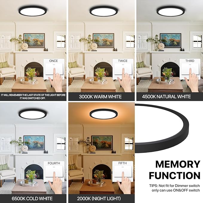 4Pack Dimmable LED Flush Mount Ceiling Light Fixture with Remote Control, 24W 2400LM, 12Inch, 2000K Warm Night Light & 3000K-6500K, Modern Super Slim Ceiling Lamp for Bedroom Kitchen, Black
