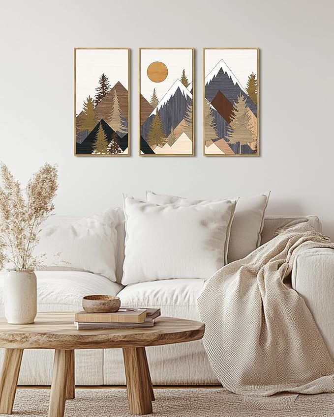 KUVIOKE Mountains Framed Wall Art Sun Range Landscape Wall Decor Farmhouse Bedroom Living Room Ready to Hang 8x16in3pcs Natural Framed
