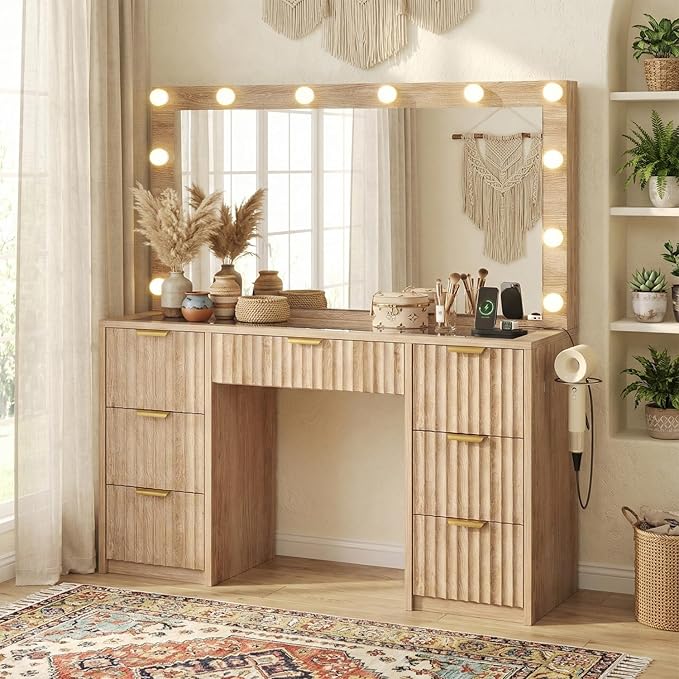 47" Fluted Makeup Vanity Desk w/Large 42" Mirror & Ajustable LED Lights, Large 7 Drawers Vanity Table w/Glass Top&Charging Station, Makeup Dressing Table for Women&Girls, Bedroom or Dorm, Oak