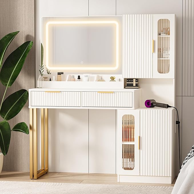 44" Modern Makeup Vanity Desk with Mirror and Lights, Makeup Vanity with 5 Shelves& 2 Drawers and Cabinet, Vanity Table with Power Outlet, 3 Color Adjustable Lighting Dressing Table Set for Bedroom