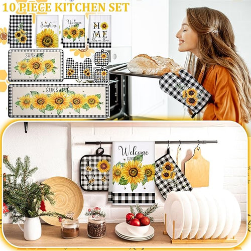 10 Pcs Sunflower Kitchen Decor 4 Black and White Buffalo Plaid Dish Towels 2 Buffalo Check Pot Holders 2 Rustic Sunflower Oven Mitts 2 Yellow Rugs for Cooking Baking Mom Housewarming Gift