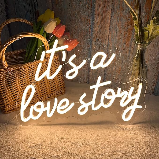 It's a Love Story LED Neon Signs for Wall Decor Neon Wall Art Acrylic LED Lights with Hanging Chain Light Up for Bedroom Decor Graduation Bar Pub Wedding Party 5V USB Powered Dimmable