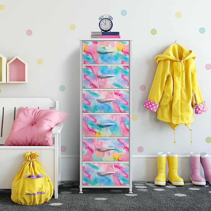 Sorbus Dresser Storage Tower, Organizer Drawers for Closet Boys & Girls Bedroom, Bedside Furniture, Chest for Home, College Dorm, Steel Frame, Wood Top, Tie-dye Fabric Bins (4-Drawer, Pastel Tie-dye)