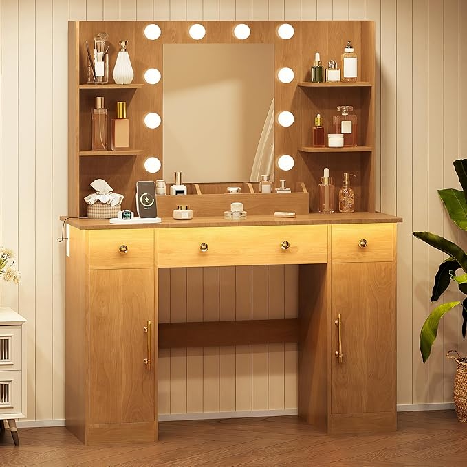 Vanity Desk with Mirror and Lights, Makeup Vanity with Mirror and LED Lights & Power Outlet, 3 Drawers and Cabinets, 3 Lighting Modes Dressing Table Set for Girls Women Bedroom,Oak