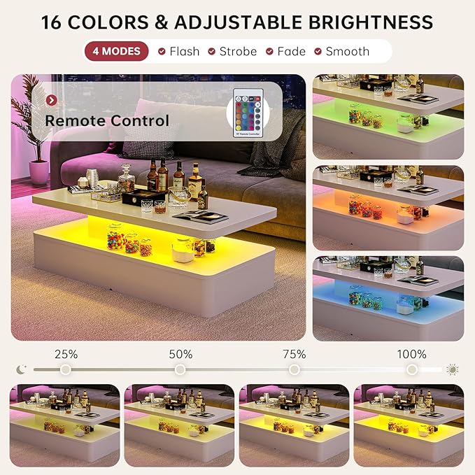 oneinmil Modern LED Coffee Table, 47" Living Room Tables with Double-Layer Design, 16 Colors LED Lights, Stylish Coffee Tables for Living Room, Home, Office, White