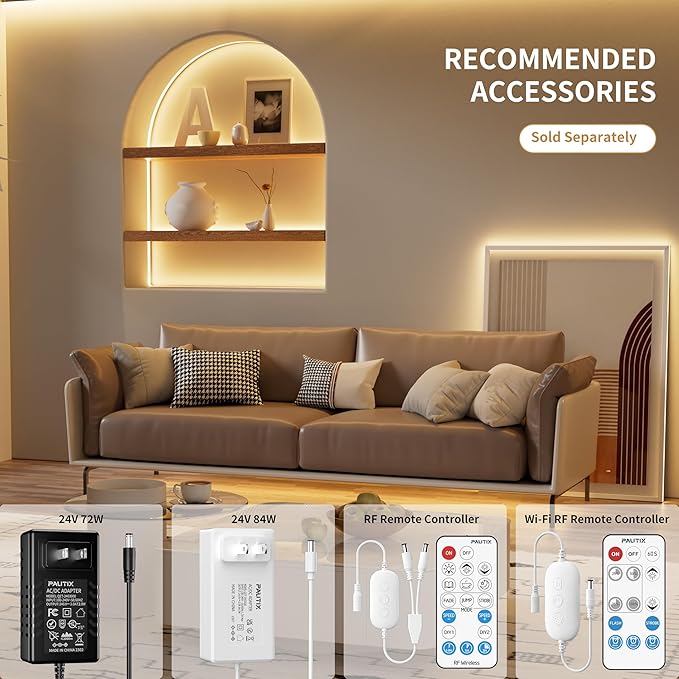 PAUTIX COB LED Strip Light IP65 Waterproof 32.8ft/10m 5040LEDs Warm White 2700K,High Lumen Flexible CRI93+ LED Tape 24V Super Bright,for Home&Office Lighting Project(Adapter&Dimmer Sold Separately)