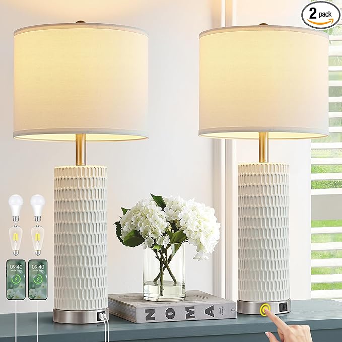 26.5" Ceramic Table Lamp Set of 2, 3 Way Dimmable Touch Control Table Lamp with 2 USB Charging Ports for Bedroom Living Room, Modern Nightstand Lamp End Table Lamps, Bulbs Included