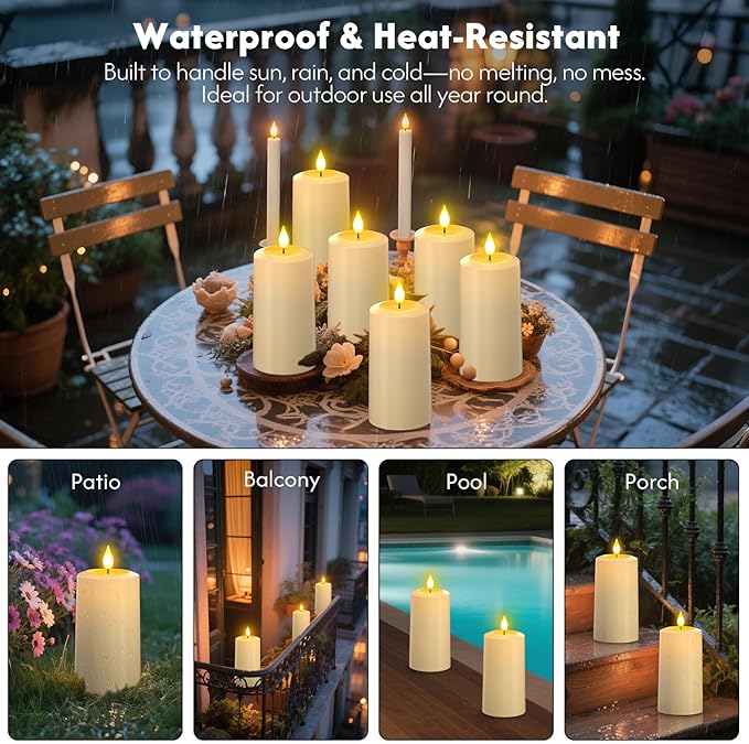 PChero Rechargeable Flameless Candles with Remote & Magnetic Charging Base, Outdoor Waterproof Battery Operated Pillar Candles, 4 Pack LED Fake Candles, Long Lasting, 2.76" D x 5.12" H
