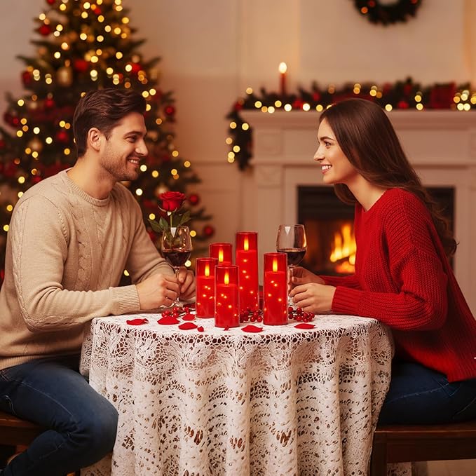 Raycare Flameless Candle with Remote Timer – 9 Flickering Acrylic Battery Operated LED Pillar Candles with Embedded Star String for Valentine's Day, Home Decor, and as a Gift (Red)