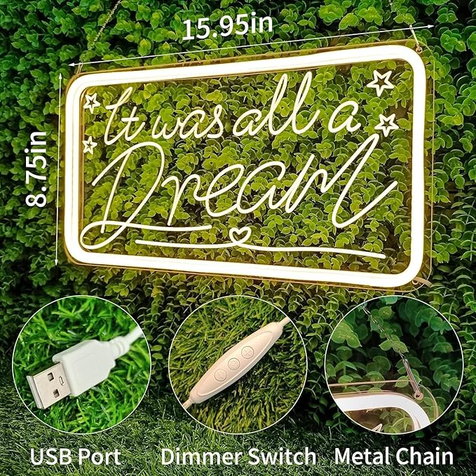 It was All a Dream LED Neon Sign for Wall Decor USB Adjustable Brightness Living Room Bars Barbers Pub Wedding Party Salon Club Gatherings Christmas Birthday Art Wall Decor