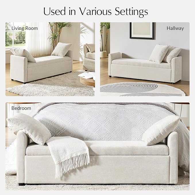 59.5" Modern Storage Ottoman Bedroom Bench, End of Bed Bench with Arms and Throw Pillows, Footrest Stool for Living Room, Dining Room, Entryway and Hallway, Linen
